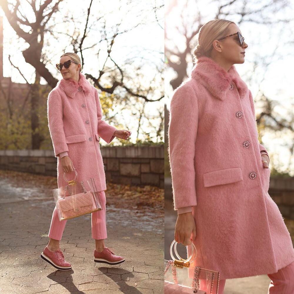 Kate Spade Tulip Pink Faux Fur Collar Crystal Button Front Wool Blend Coat sz 2